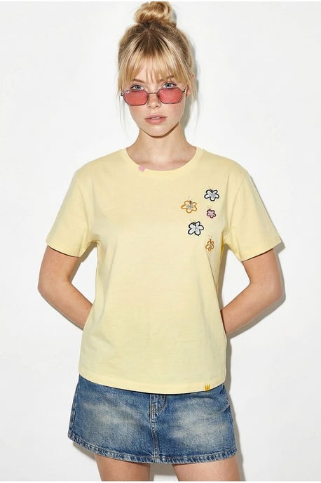 Bloemig Geborduurd Crew Neck T-Shirt - Image 3