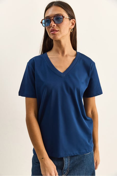 Comfort Fit V-hals Gekamd Katoenen T-Shirt - Image 3