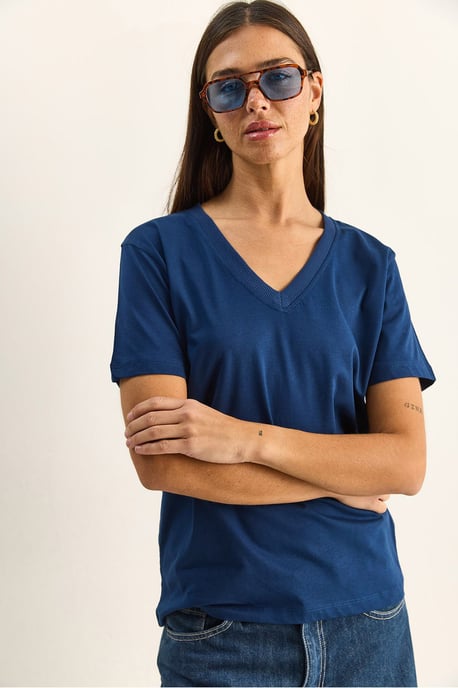 Comfort Fit V-hals Gekamd Katoenen T-Shirt - Image 4