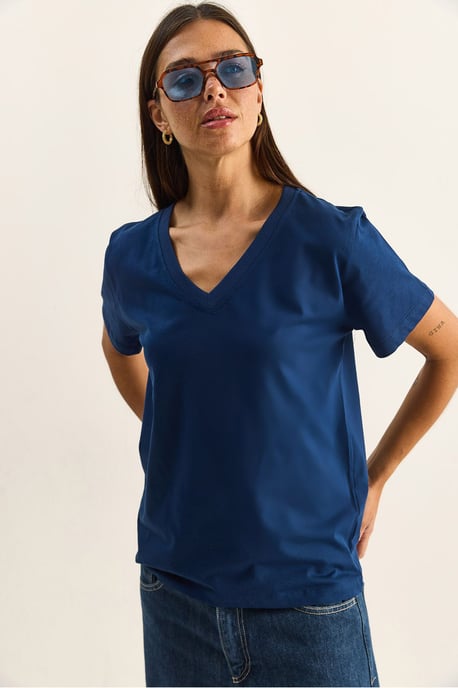 Comfort Fit V-hals Gekamd Katoenen T-Shirt - Image 5