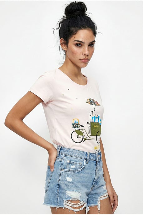 Broderad tryckt T-shirt med rund krage - Image 2
