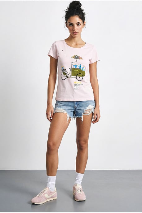 Broderad tryckt T-shirt med rund krage - Image 4
