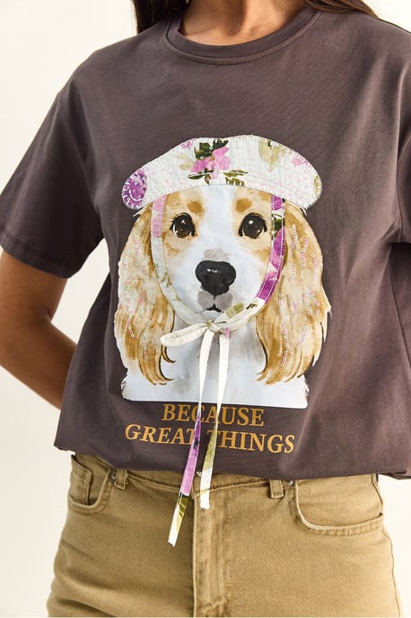 Pailletten Bedrukt T-shirt met Ronde Hals - Image 5