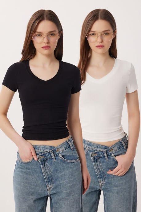 Basic V-Halsad T-Shirt i Bomullsmix - Image 1