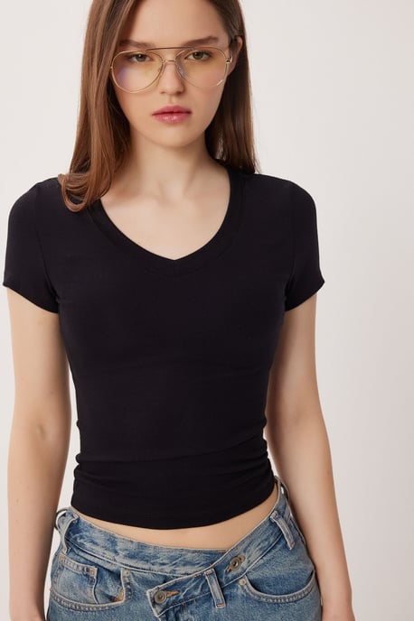 Basic V-Halsad T-Shirt i Bomullsmix - Image 2