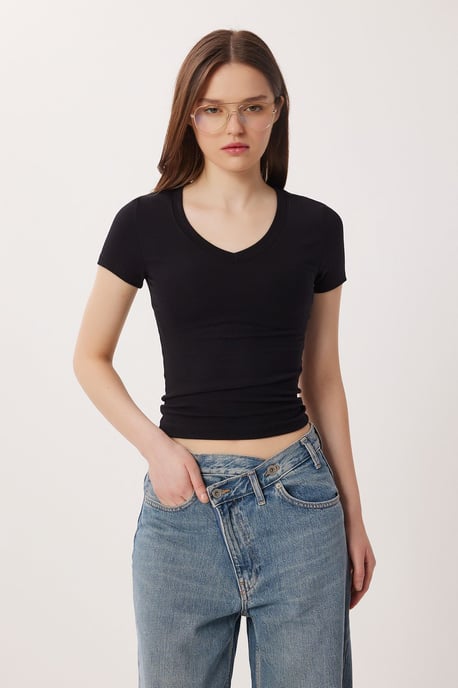 Basic V-Halsad T-Shirt i Bomullsmix - Image 3