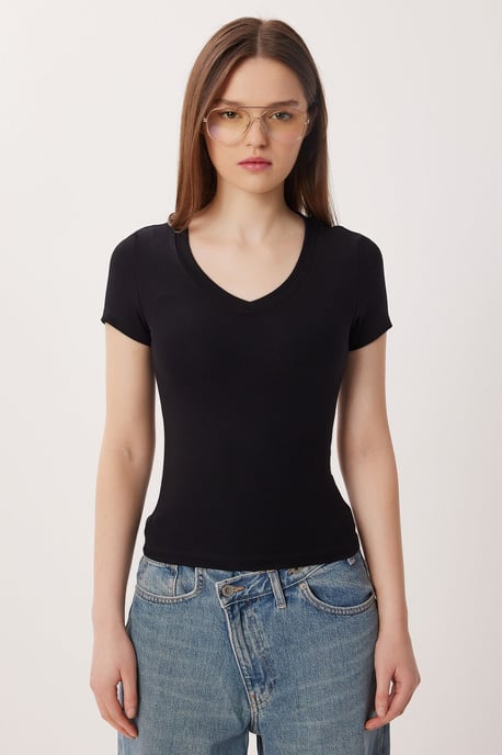 Basic V-Halsad T-Shirt i Bomullsmix - Image 4
