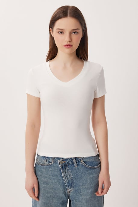 Basic V-Halsad T-Shirt i Bomullsmix - Image 6
