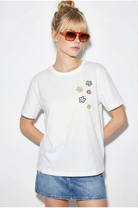 Bloemig Geborduurd Crew Neck T-Shirt - Image 2