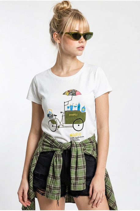 Broderad tryckt T-shirt med rund krage - Image 1