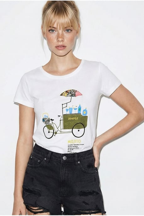 Broderad tryckt T-shirt med rund krage - Image 2