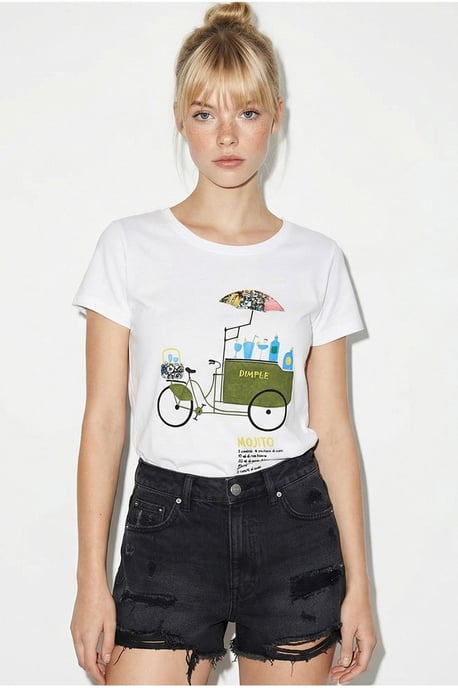 Broderad tryckt T-shirt med rund krage - Image 3