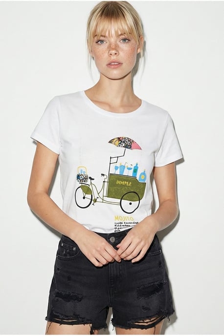 Broderad tryckt T-shirt med rund krage - Image 4