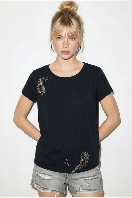 Broderad U-hals T-shirt Basic - Image 3