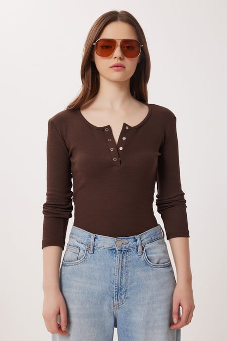 Slim Fit U-Hals Långärmad Blus - Image 3