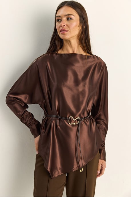 Belted Satin Boat Neck Blouse - Image 1