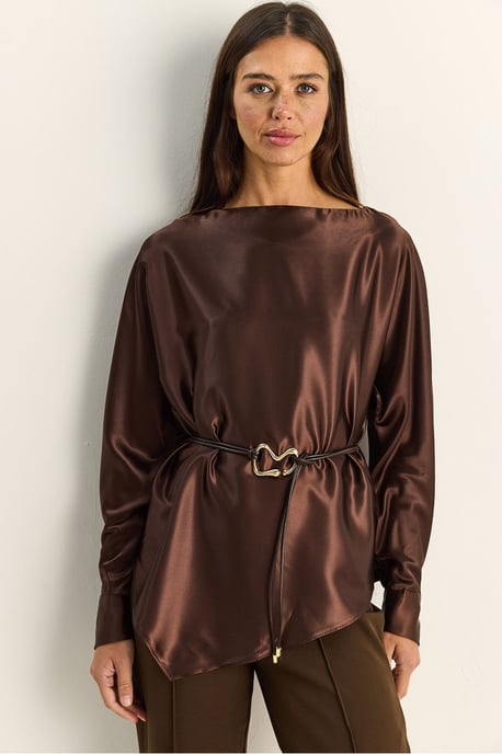 Belted Satin Boat Neck Blouse - Image 2