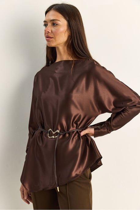 Belted Satin Boat Neck Blouse - Image 3