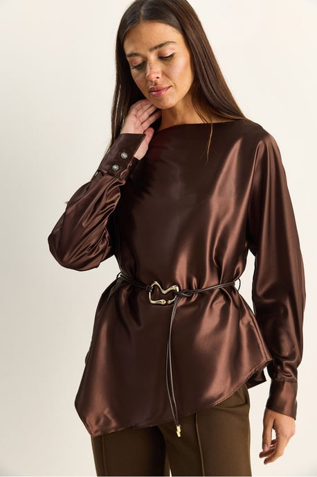 Belted Satin Boat Neck Blouse - Image 4