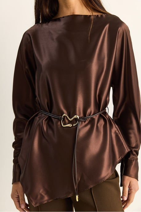 Belted Satin Boat Neck Blouse - Image 5
