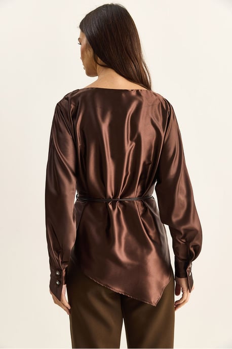 Belted Satin Boat Neck Blouse - Image 6