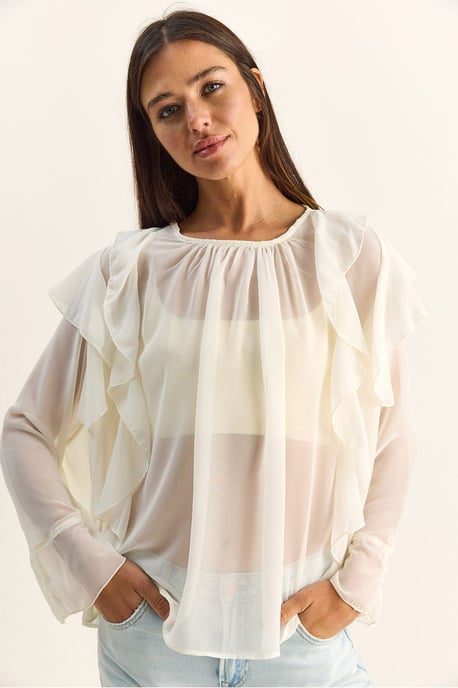 Volang chiffong blus med rundad hals - Image 1