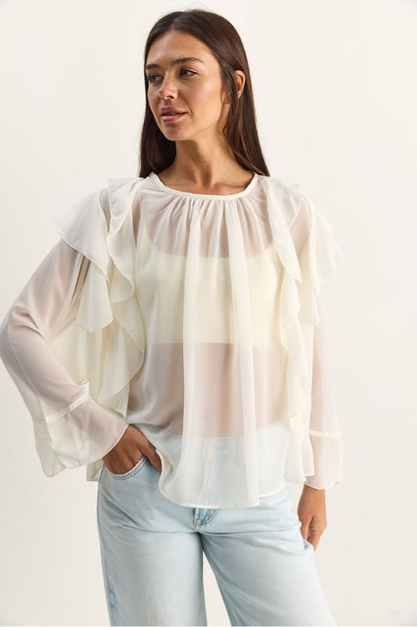 Volang chiffong blus med rundad hals - Image 2