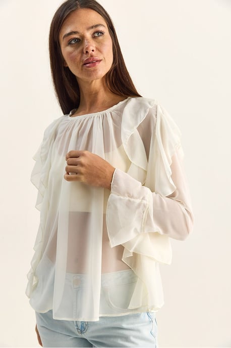 Volang chiffong blus med rundad hals - Image 3