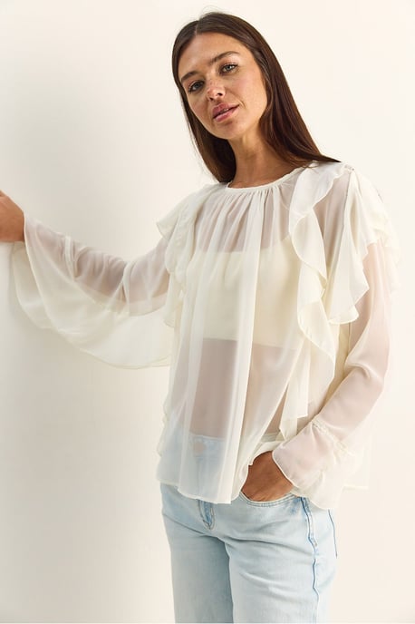 Volang chiffong blus med rundad hals - Image 4