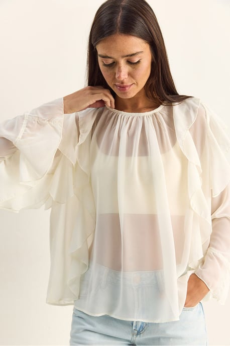 Volang chiffong blus med rundad hals - Image 5