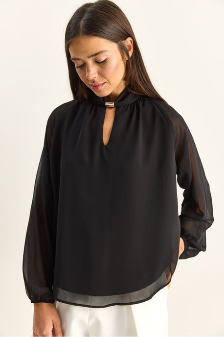 Mandarinkrage Chiffonblus med stendetalj - Image 2