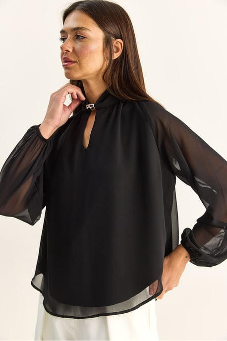 Mandarinkrage Chiffonblus med stendetalj - Image 3