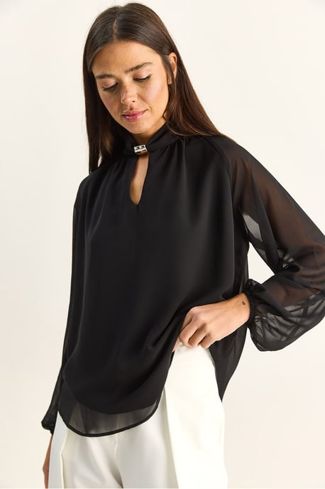 Mandarinkrage Chiffonblus med stendetalj - Image 4