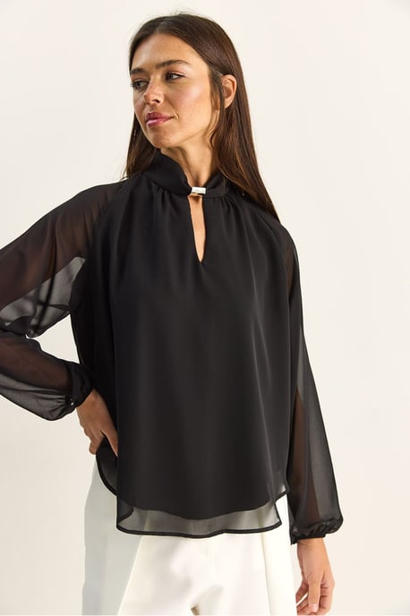 Mandarinkrage Chiffonblus med stendetalj - Image 5