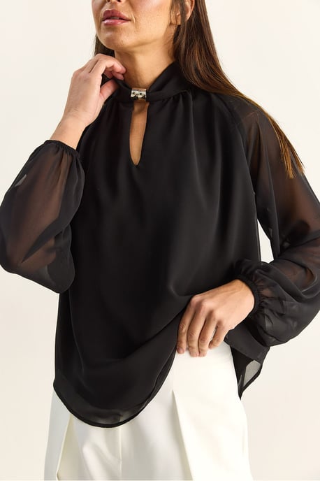 Mandarinkrage Chiffonblus med stendetalj - Image 6