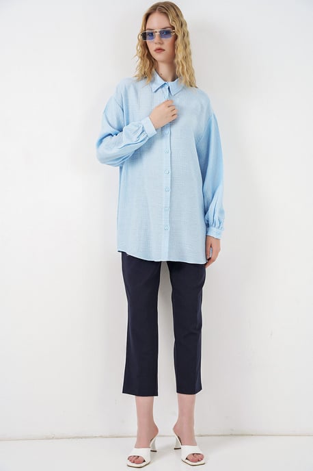 Oversized Geweven Lange Blouse met Shirtkraag - Image 2