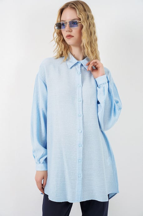 Oversized Geweven Lange Blouse met Shirtkraag - Image 3