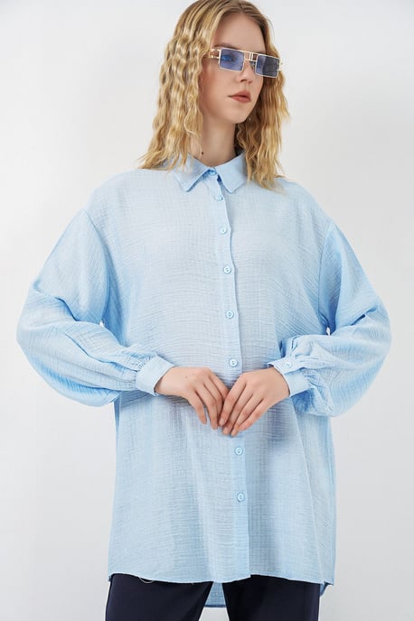 Oversized Geweven Lange Blouse met Shirtkraag - Image 4