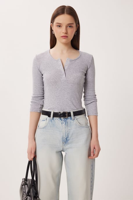 Slim Fit U-Hals Långärmad Blus - Image 3
