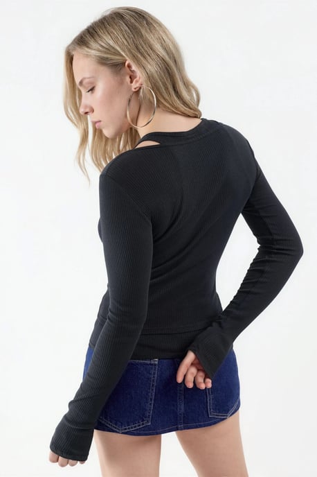 Geribde U-Hals Lange Mouwen Blouse - Image 3