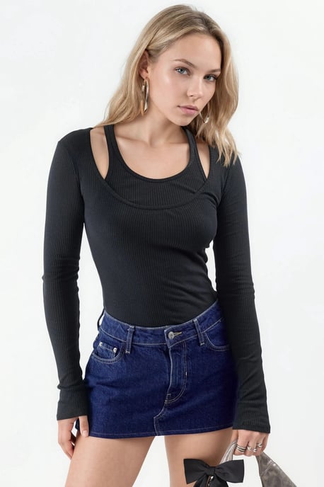 Geribde U-Hals Lange Mouwen Blouse - Image 4