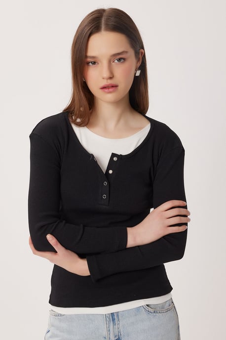 Slim Fit Ribbed Button-Up Long Sleeve Blouse - Image 2