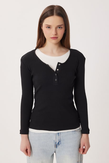 Slim Fit Ribbed Button-Up Long Sleeve Blouse - Image 3
