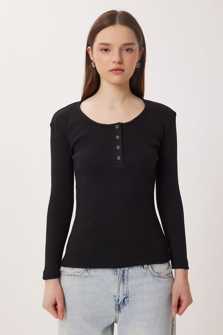 Slim Fit Ribbed Button-Up Long Sleeve Blouse - Image 4