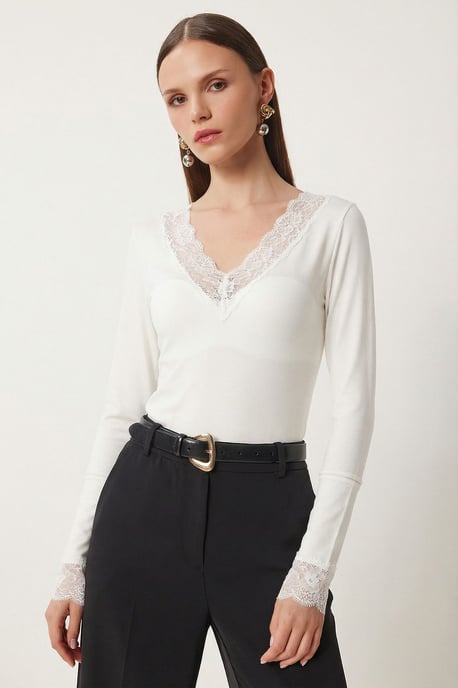 Kanten V-hals Slim Fit Blouse - Image 2