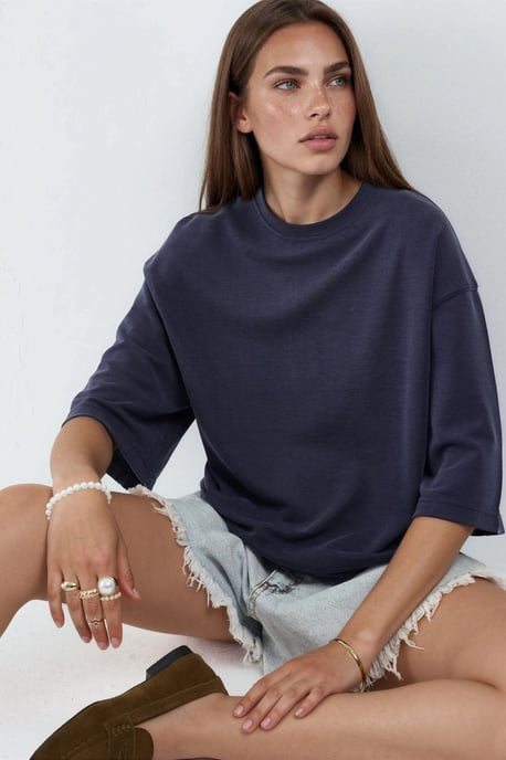 Oversized Geribde Korte Blouse met Ronde Hals - Image 1