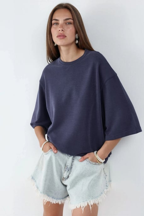 Oversized Geribde Korte Blouse met Ronde Hals - Image 2