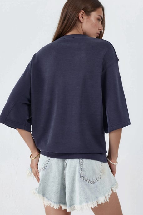 Oversized Geribde Korte Blouse met Ronde Hals - Image 3