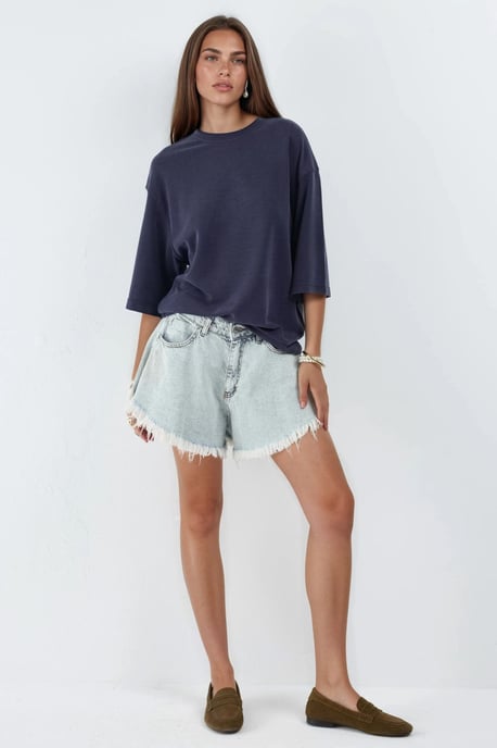 Oversized Geribde Korte Blouse met Ronde Hals - Image 4