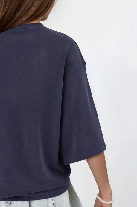 Oversized Geribde Korte Blouse met Ronde Hals - Image 5